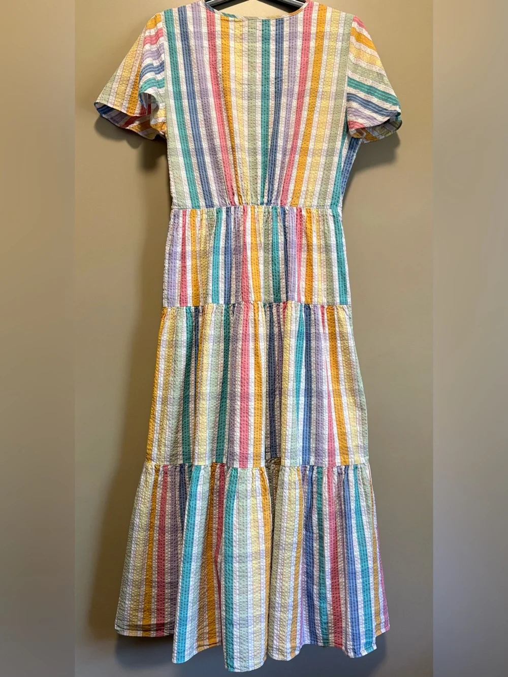 J. Crew Pastel Rainbow Striped Tiered Midi Dress